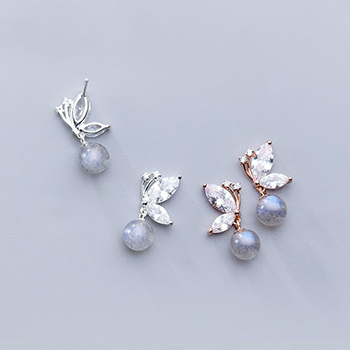 Cubic Zirconia Butterfly Natural Moonstone 925 Sterling Silver Studs Earrings