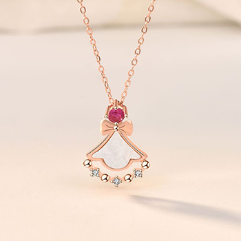 Girl Mother of Shell Pink CZ Skirt 925 Sterling Silver Necklace