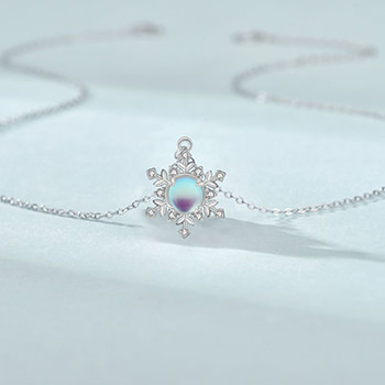 Women White Natural Moonstone CZ Snow Flake 925 Sterling Silver Necklace