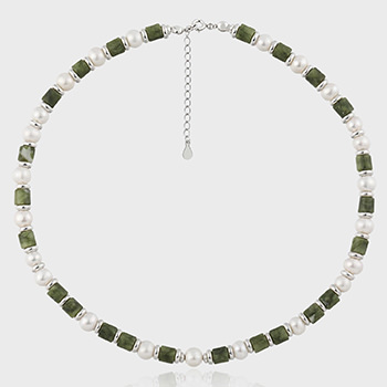 Women Elegant Round Pearl Green Tube Stones 925 Sterling Silver Necklace