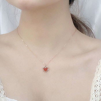 Women Red Agate Heart CZ Hollow Border 925 Sterling Silver Necklace