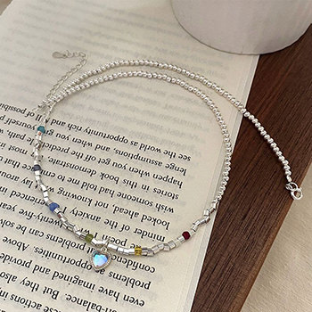 Natural Moonstone Heart Cubic Beads Chain Silver Necklace/Bracelet