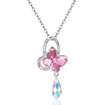 Fashion Austrian Crystal Butterfly Waterdrop CZ 925 Sterling Silver Necklace