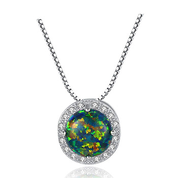 Round CZ Created Opal 925 Sterling Silver Necklace