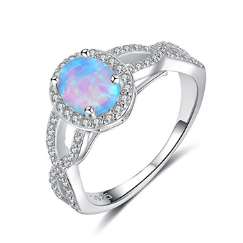 Cute Lady Oval Created Opal Twisted 925 Silver CZ Ring