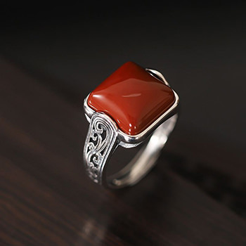 Vintage Natural Agate/Nephrite Radiant 925 Sterling Silver Adjustable Ring