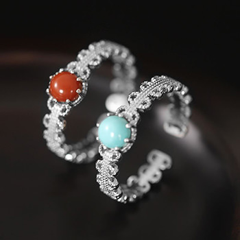 Round Natural Agate/Turquoise Wave 925 Sterling Silver Adjustable Ring