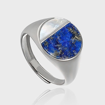 Natural Lapis Lazuli Shell Round Earth Planet Sterling Silver Adjustable Ring