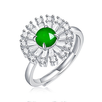 Round Natural Green Jade CZ Sunflower 925 Sterling Silver Adjustable Ring