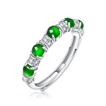 Natural Green Jade Round Beads CZ 925 Sterling Silver Adjustable Ring