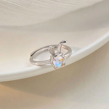 Cute Animal Natural Moonstone Rabbit 925 Sterling Silver Adjustable Ring