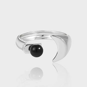 Graduation Round Black Agate Crescent Moon Silver Adjustable Ring