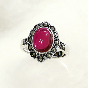 Sun Flower Red Man Made Ruby 925 Sterling Silver Black Marcasite Ring