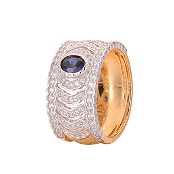 Lady Round Created Sapphire CZ Wave 925 Sterling Silver Ring