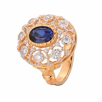 Elegant Oval Created Sapphire Hollow CZ Flower 925 Sterling Silver Ring