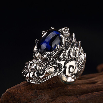 Vintage Natural Blue Corundum Dragon 925 Sterling Silver Ring