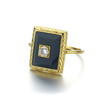 Elegant Black Square Natural Agate CZ 925 Sterling Silver Ring