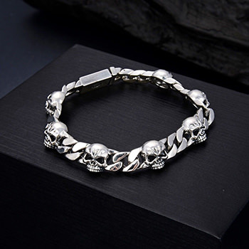 Fashion Men CZ Skulls Vintage 925 Sterling Silver Curb Chain Bracelet