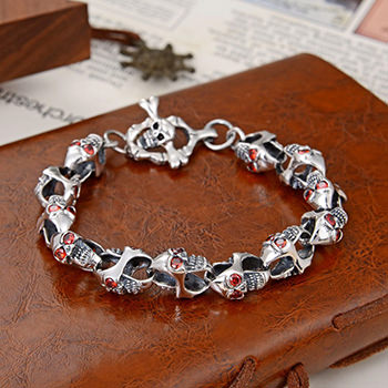 Modern Men Halloween CZ Skulls Vintage 925 Sterling Silver Bracelet