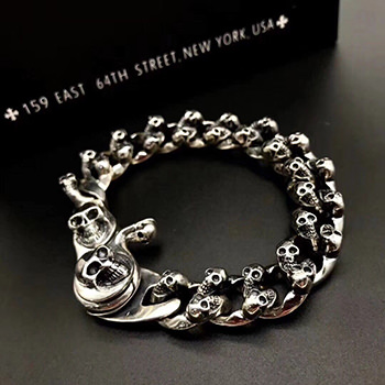 Men Vintage Punk Skulls 925 Sterling Silver Curb Chain Bracelet