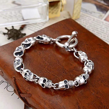 Men Vintage Punk 925 Sterling Silver Skull Chain Bracelet