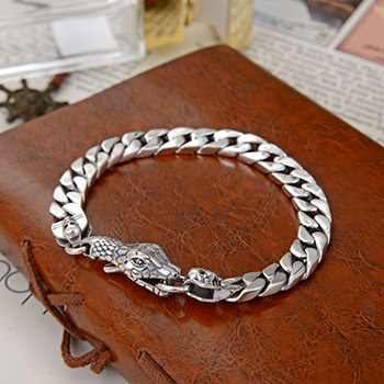 Men Fashion Snake Head 925 Sterling Silver Curb Chain Bracelet