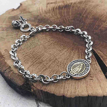 Men Vantage Coin Cross Crown 925 Sterling Silver Curb Bracelet