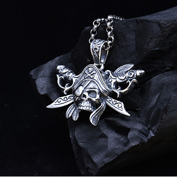 Men Vintage Skull Pirates Knife Sword 925 Sterling Silver DIY Pendant