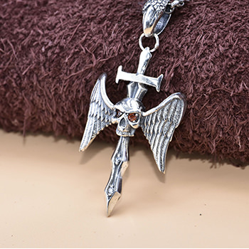 Men Gift CZ Skull Head Angel Wings 925 Sterling Silver Round DIY Pendant