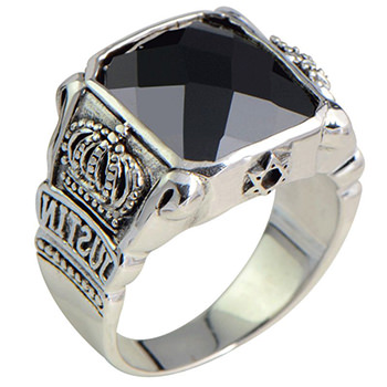 Square Created Black Agate Crown 925 Sterling Silver Ring