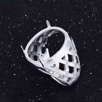 Fashion Grid Hollow Men 925 Silver Oval Gemstone Adjustable DIY Ring Setting