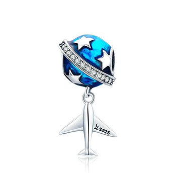 Promise CZ Plane Travel World Blue Earth 925 Sterling Silver DIY Charm