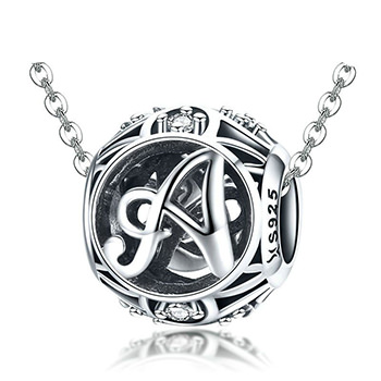 Fashion 26 Letters Round CZ 925 Sterling Silver DIY Charm