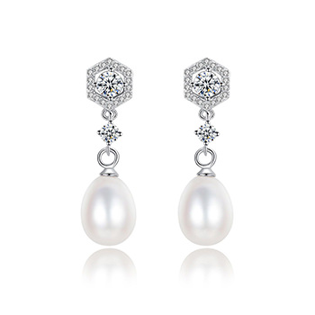 Elegant Natural Pearl Cubic Zirconia 925 Sterling Silver Dangling Earrings