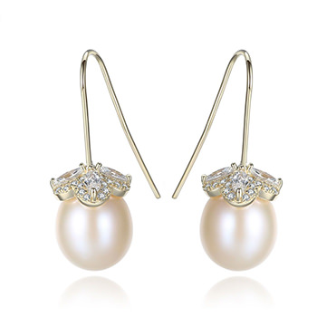 Cubic Zirconia Flower Natural Pearl 925 Silver Dangling Earrings