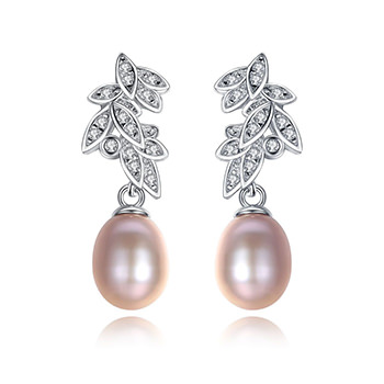 Cubic Zirconia Leaves Natural Pearl 925 Silver Dangling Earrings