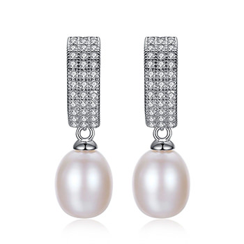 Oval Natural Pearl 925 Silver Cubic Zirconia Dangling Earrings