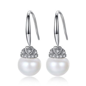 Natural Pearl Cubic Zirconia Heart 925 Silver Dangling Earrings