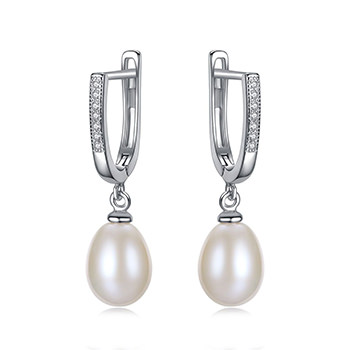 Half-Round Natural Pearl Cubic Zirconia 925 Silver Dangling Earrings