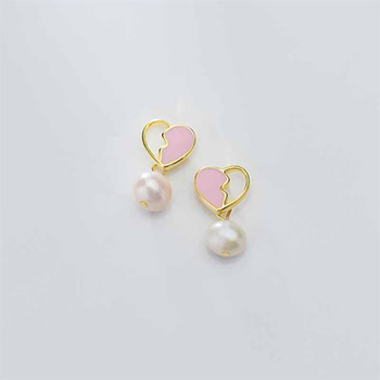 Girl Pink Broken Heart Shell Pearl 925 Sterling Silver Dangling Earrings