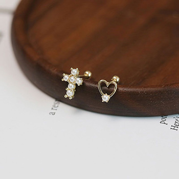 Shell Pearls Cross CZ Hollow Heart 925 Sterling Silver Stud Earrings