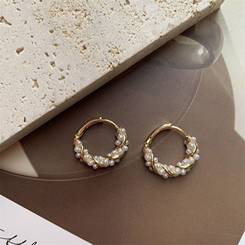 Women Mini Shell Pearls Twisted Cross 925 Sterling Silver Hoop Earrings