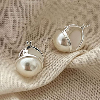 Geometry Round Shell Pearl 925 Sterling Silver Hoop Earrings