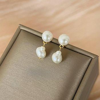 Elegant Irregular Round Shell Pearls 925 Sterling Silver Dangling Earrings