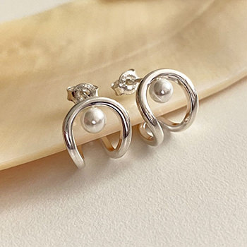 Office Round Shell Pearls Hollow C Shape 925 Sterling Silver Stud Earrings