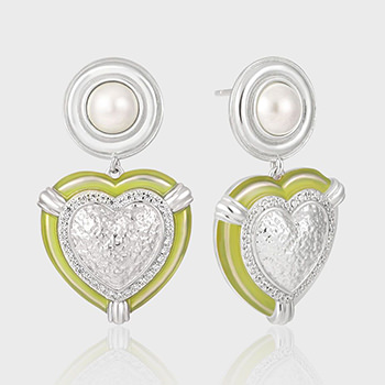 Wedding Round Shell Pearls CZ Border Heart 925 Sterling Silver Dangling Earrings