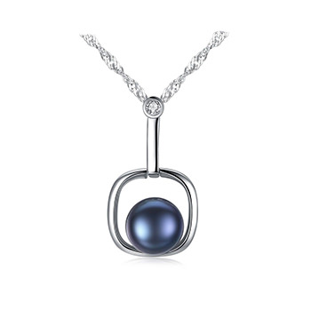 Round Natural Pearl In Square 925 Silver Necklace