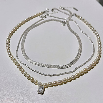 Elegant Natural Pearl CZ Chain 925 Sterling Silver Necklace