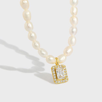 Natural Pearl Rectangle CZ 925 Sterling Silver Necklace