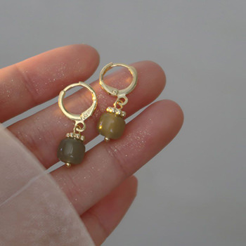 Women Round Green Agate 925 Sterling Silver Hoop Dangling Earrings